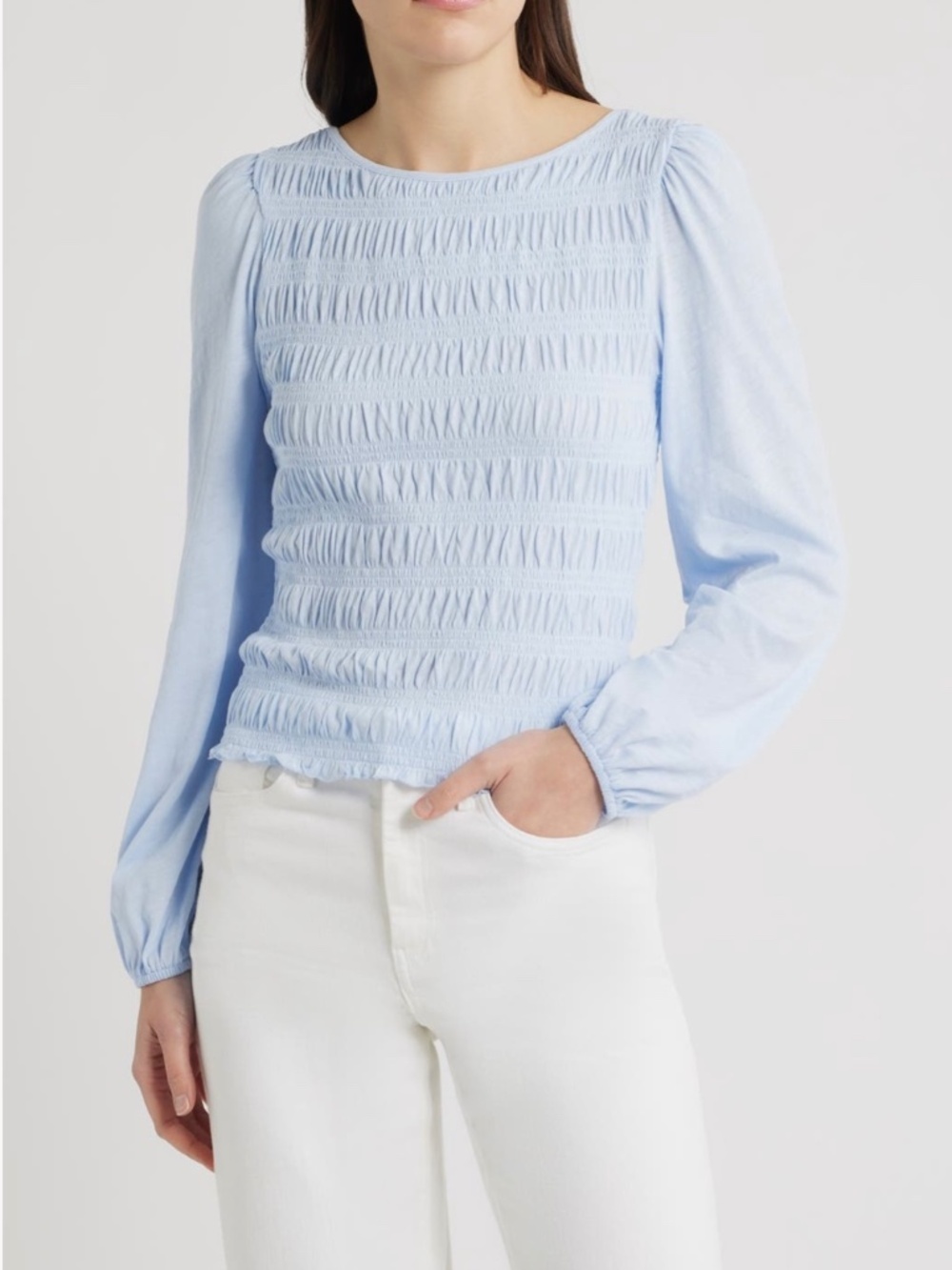 Madewell Light Blue Smocked Long Sleeve Top
